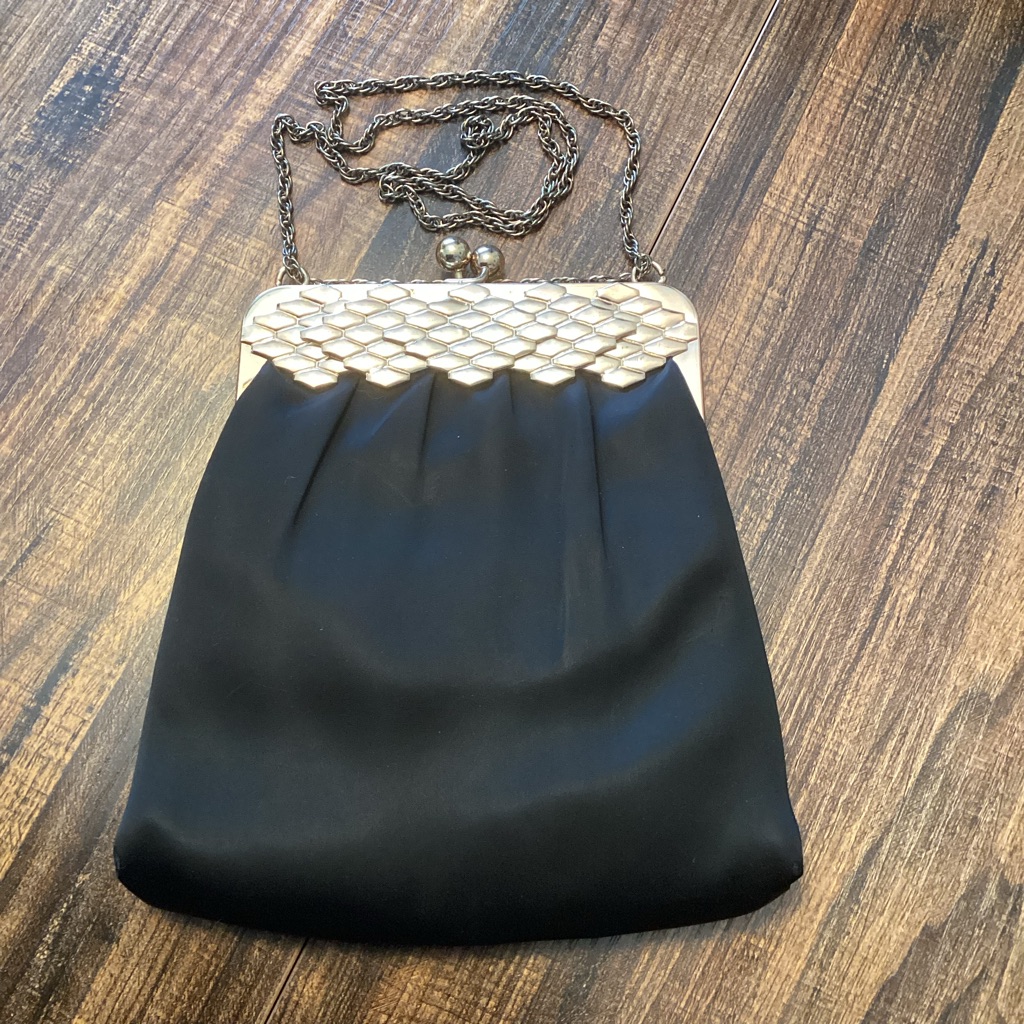 Vintage Hl Usa Black Satin Evening Bag Kiss-Lock Chain Shoulder Bag